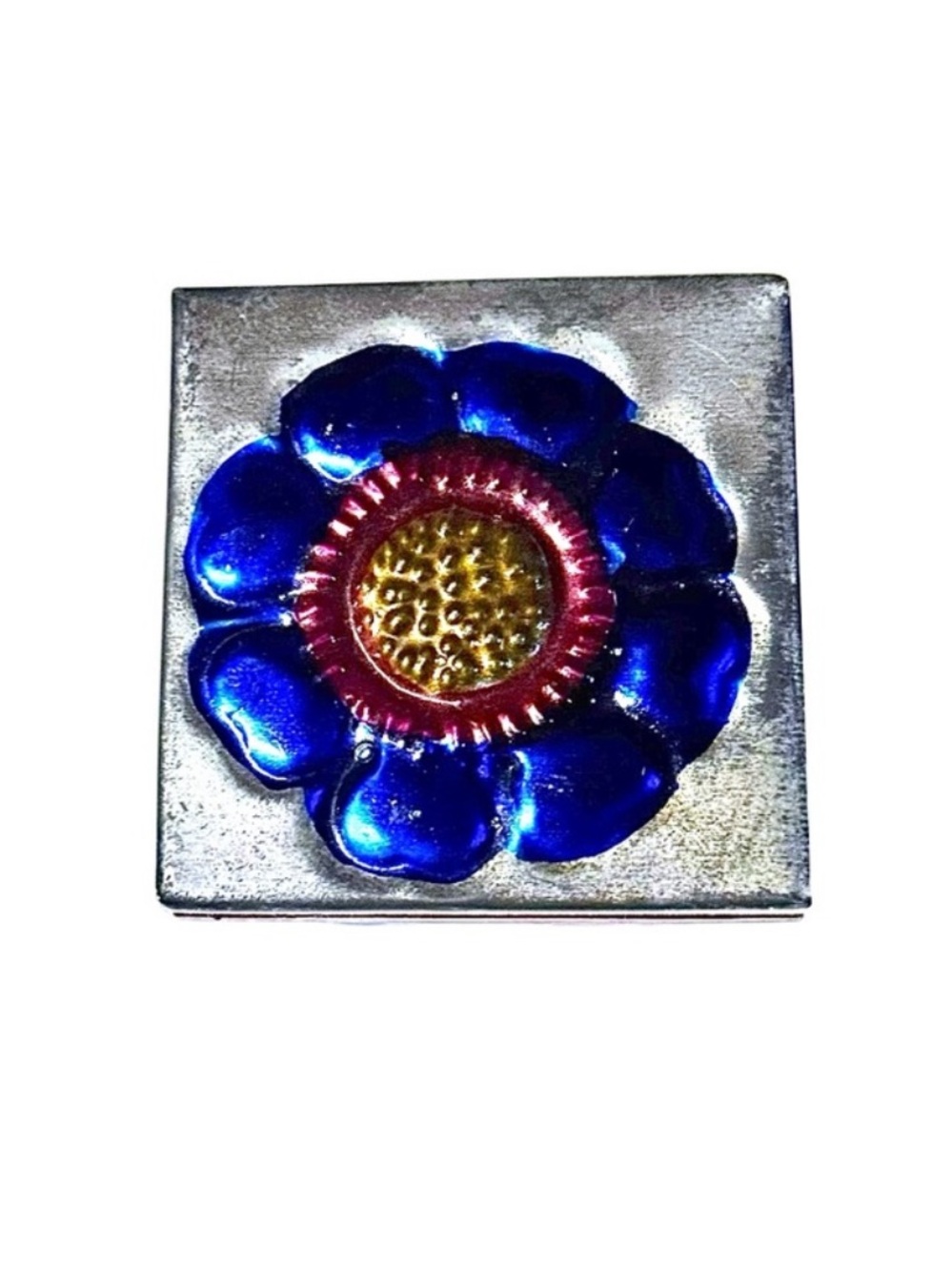 80s Vintage Made in Mexico Punched Tin Flower & Winged Heart Pill Box Miniature